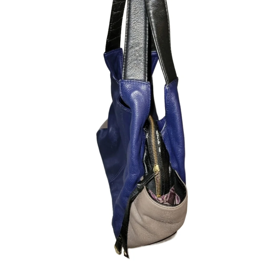 Perlina New York Soft Leather Hobo Bag Blue and Gray Colorblock